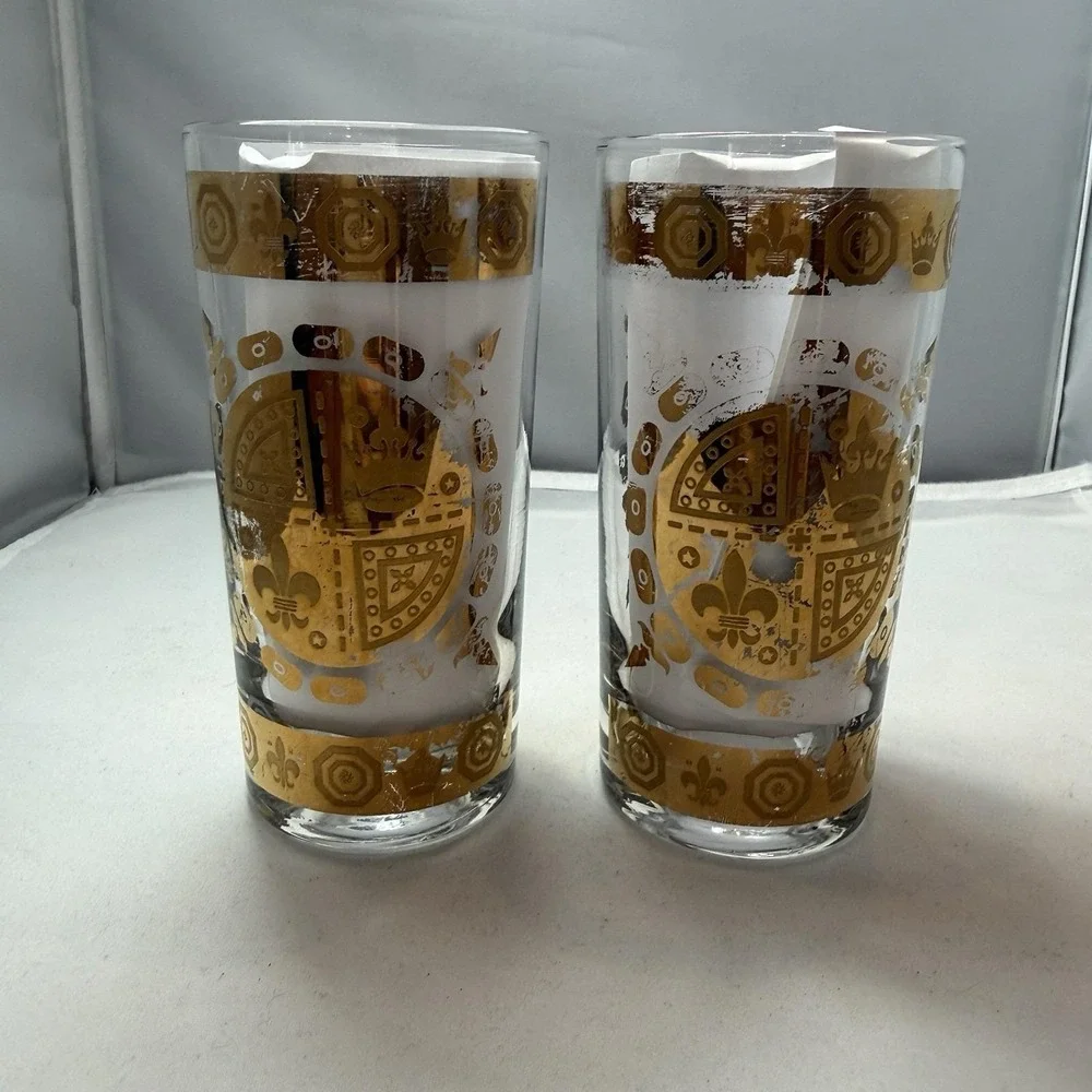 VTG MCM Vito Bari Barware Set 8 Highball Glasses, Ice Bucket & Caddy 22KT Gold